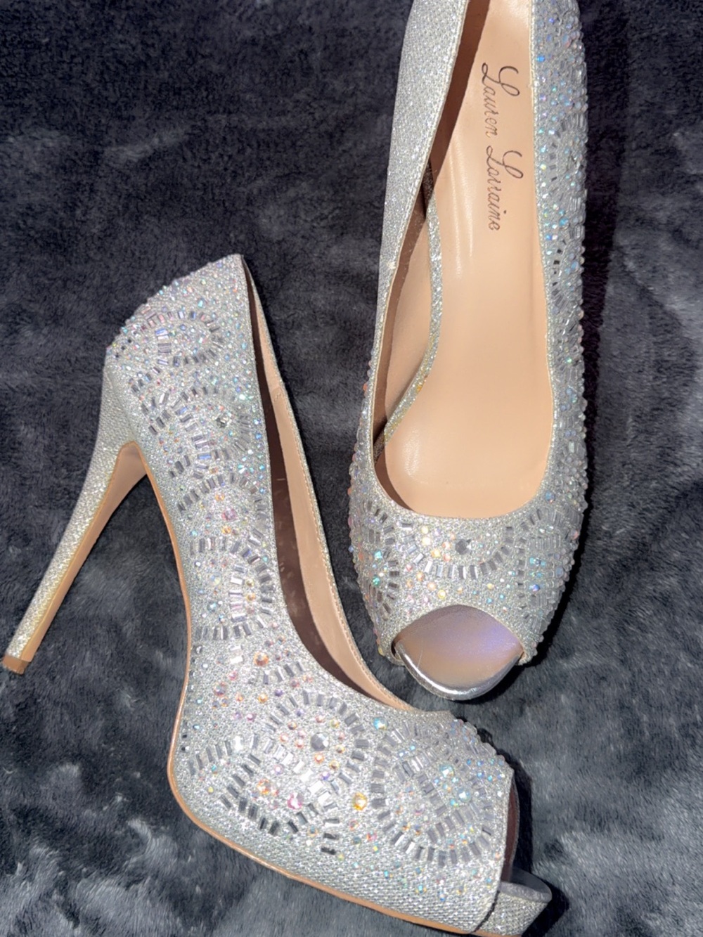 Lauren Lorraine Crystal-Embellished Silver Peep-Toe Pumps - Size 11